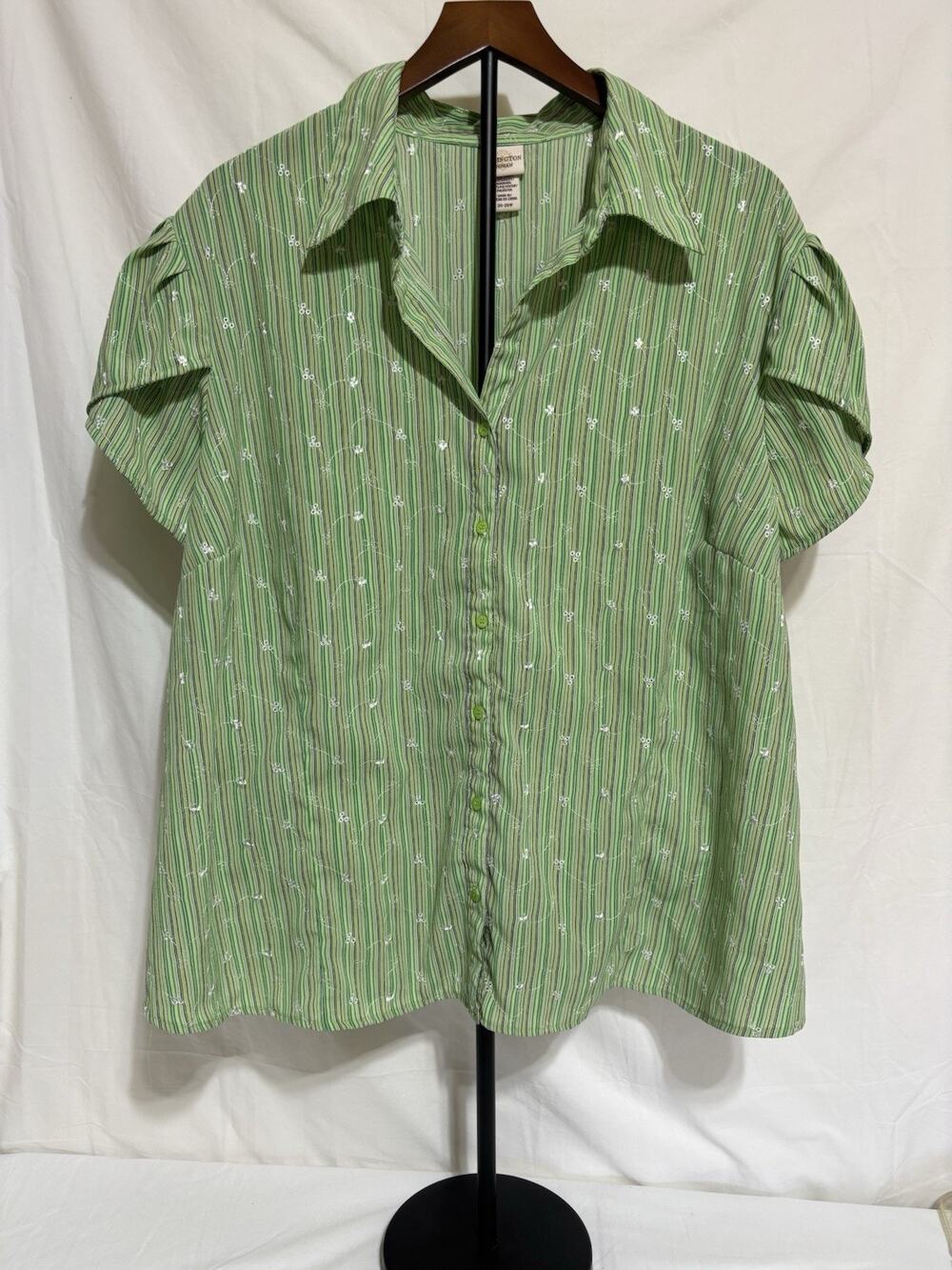 Covington Woman Green Striped Blouse Plus Size 24-26w Embroidered Button Up